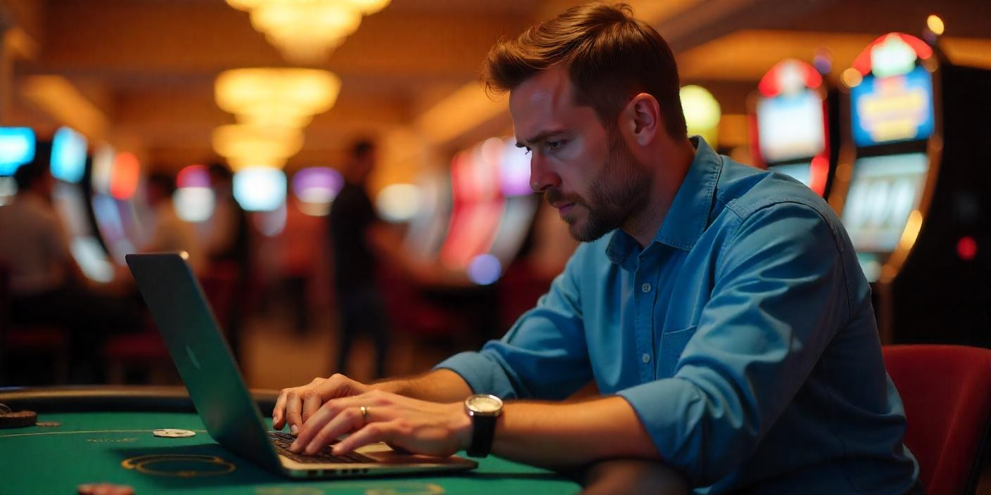 man playing in an online casino on a laptop
