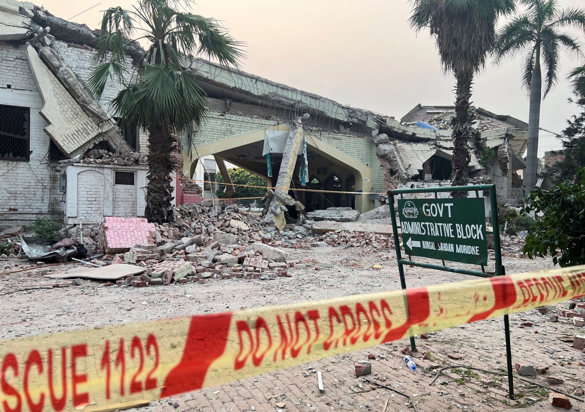 A damaged portion of an administration block at the Government Health and Education complex, after it was hit by an Indian strike, in Muridke